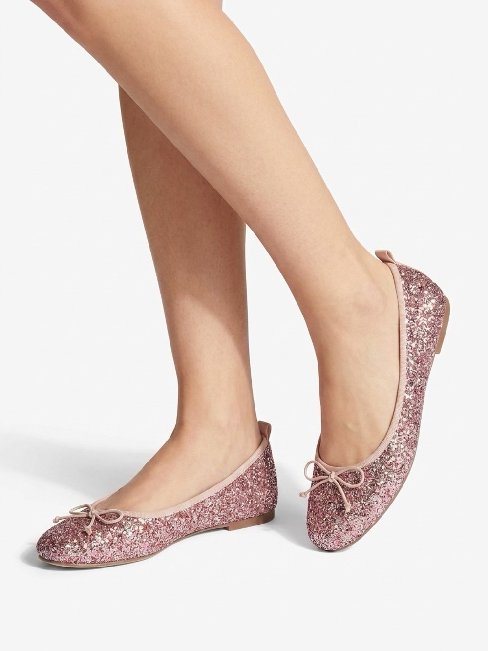 Zara Pink Glitter Ballet Flats with Bow Size 7.5 Fabric Slip on Summer Shoe